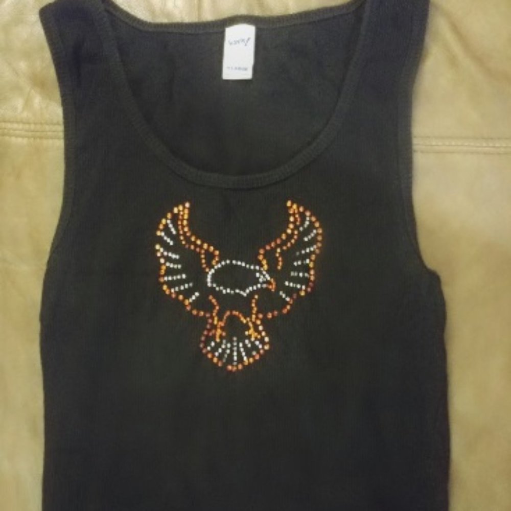 Y2K Rhinestone crystal Eagle Black Tank Top XL 4th of July Biker Punk Western !!